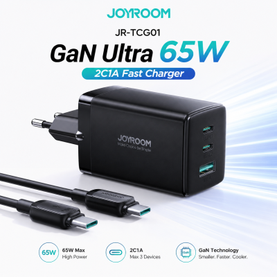 Joyroom JR-TCG01 GaN Ultra 65W Fast Charger – 2C1A Tri-Port Wall Adapter with PD3.1/PPS Support, Fireproof PC Shell & Free 100W Type-C Cable